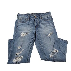 American Eagle Boy Crop Distressed Jeans Medium Wash Blue Size 10 Regular